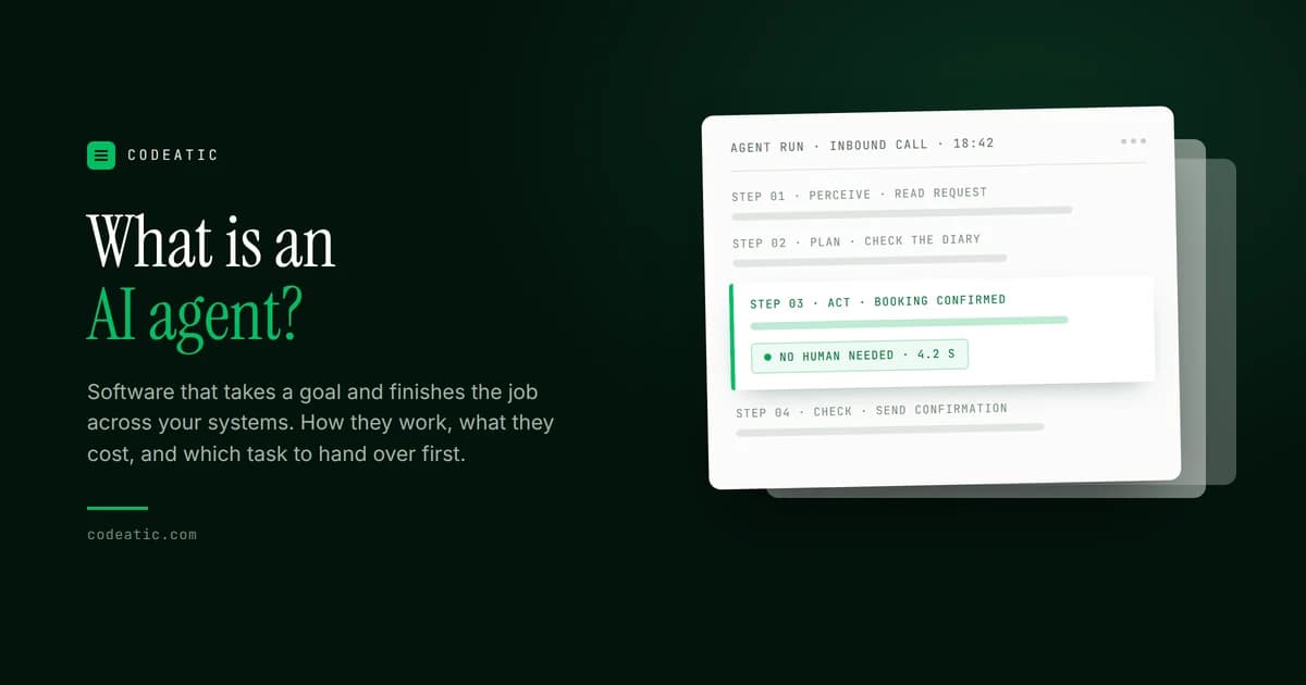 Cover reading What is an AI agent, beside an agent run log where the steps to read a request, check the diary and confirm a booking complete in 4.2 seconds without a human