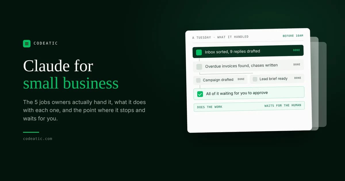 Claude for small business cover, beside a morning log of drafted replies and invoice chases waiting for approval